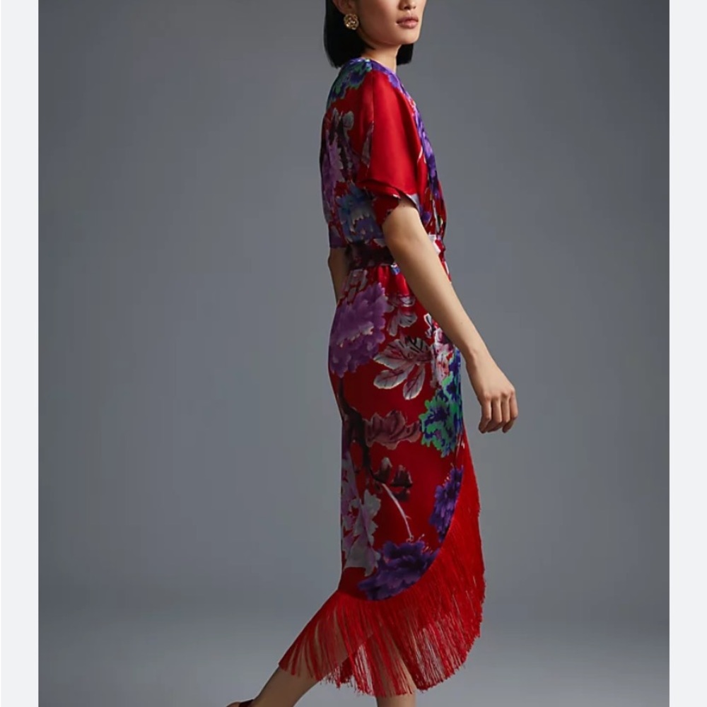 Anthropologie x DELFI Collective Fringed Dress Floral Print Red - Picture 4 of 6